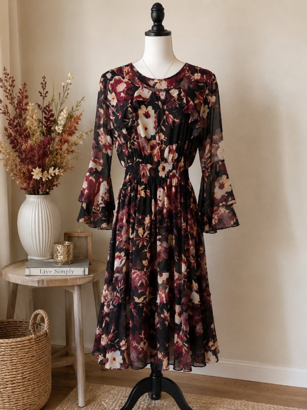 Reba Floral Ruffle Sleeve Midi Dress Size Small